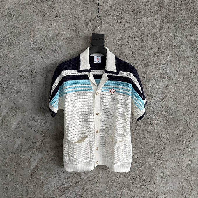 casablanca striped crochet knit short-sleeve shirt